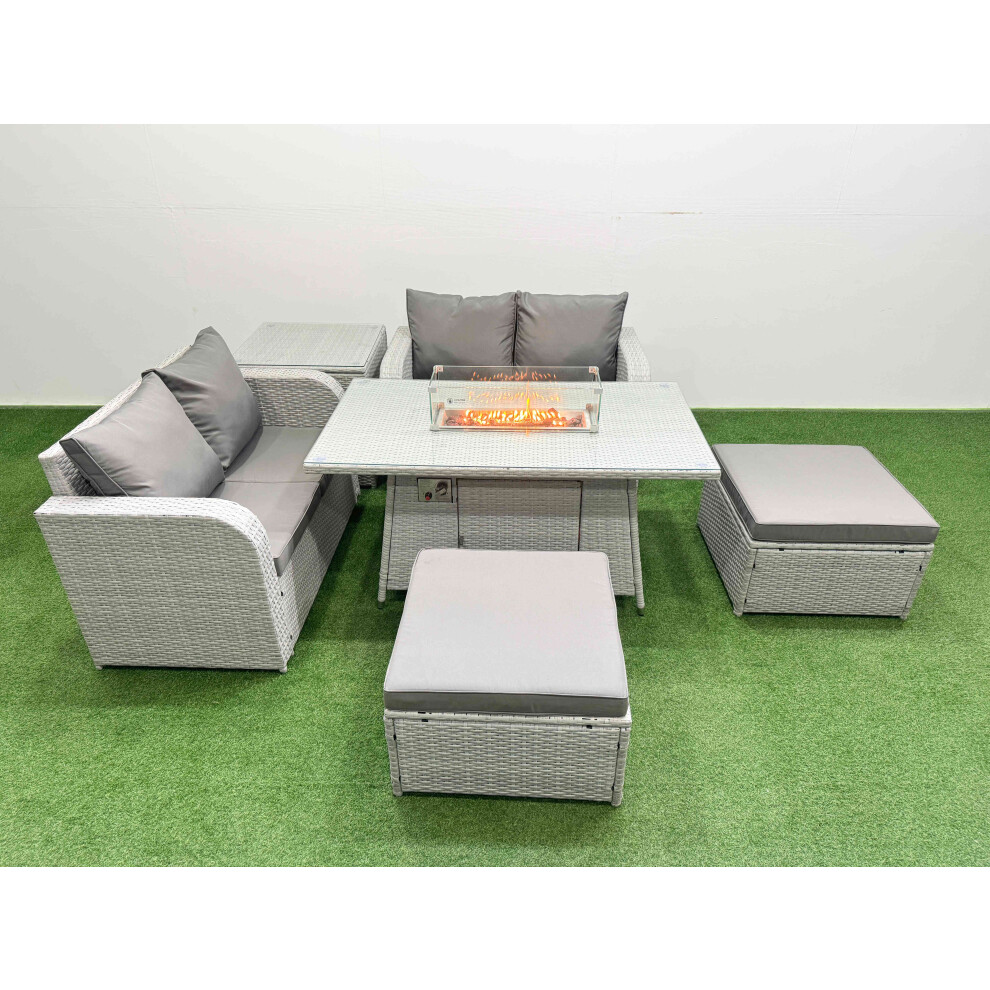 Fimous 6 Seater Outdoor Love Sofa Set Rattan Garden Furniture Set with Firepit Dining Table 2 Footstool Side Table Light Grey