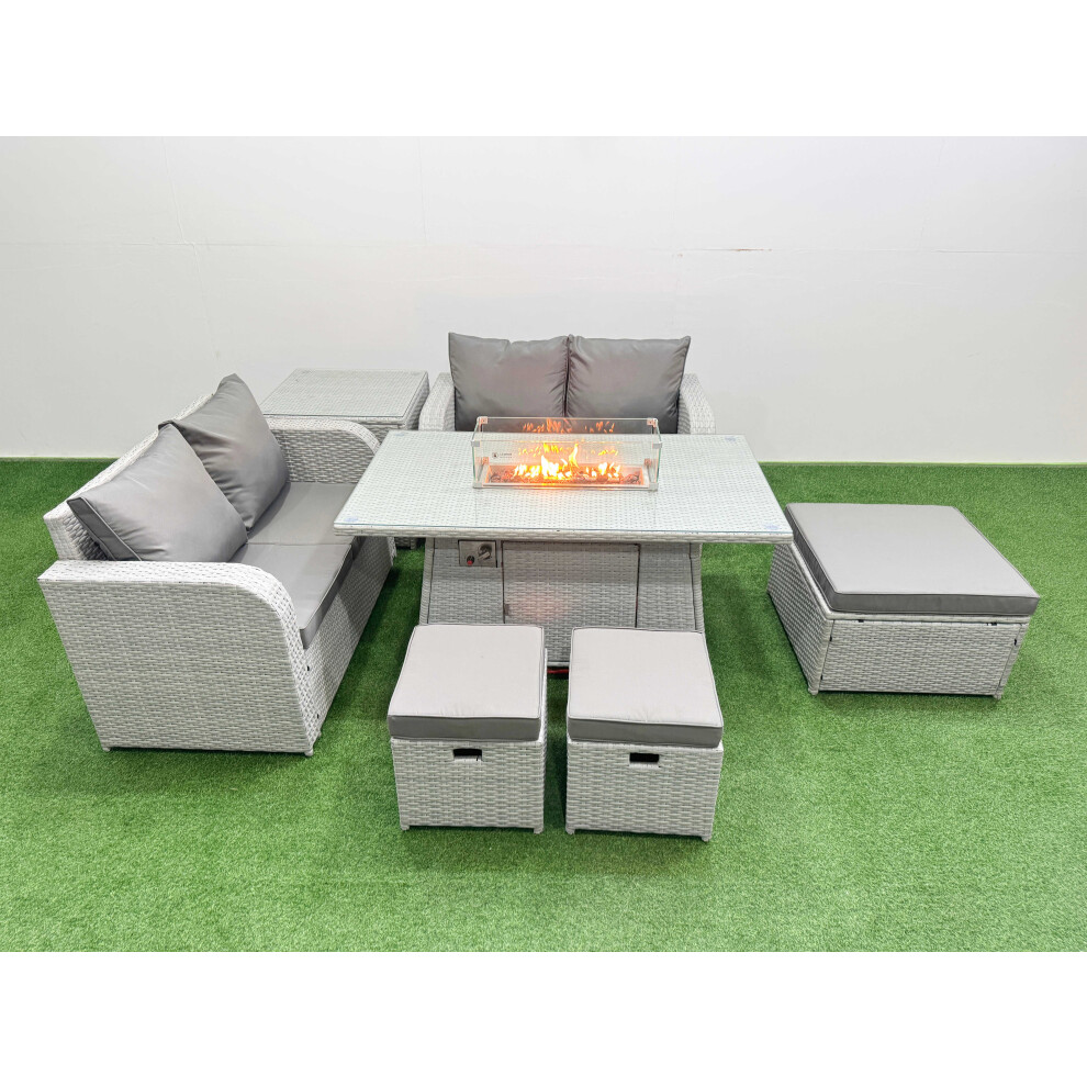 Fimous 7 Seater Outdoor Love Sofa Set Rattan Garden Furniture Set with Firepit Dining Table 3 Footstool Side Table Light Grey