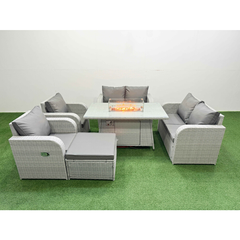 Fimous 7 Seater Outdoor Reclining Chair Love Sofa Set Rattan Garden Furniture Set with Firepit Dining Table Footstool Light Grey