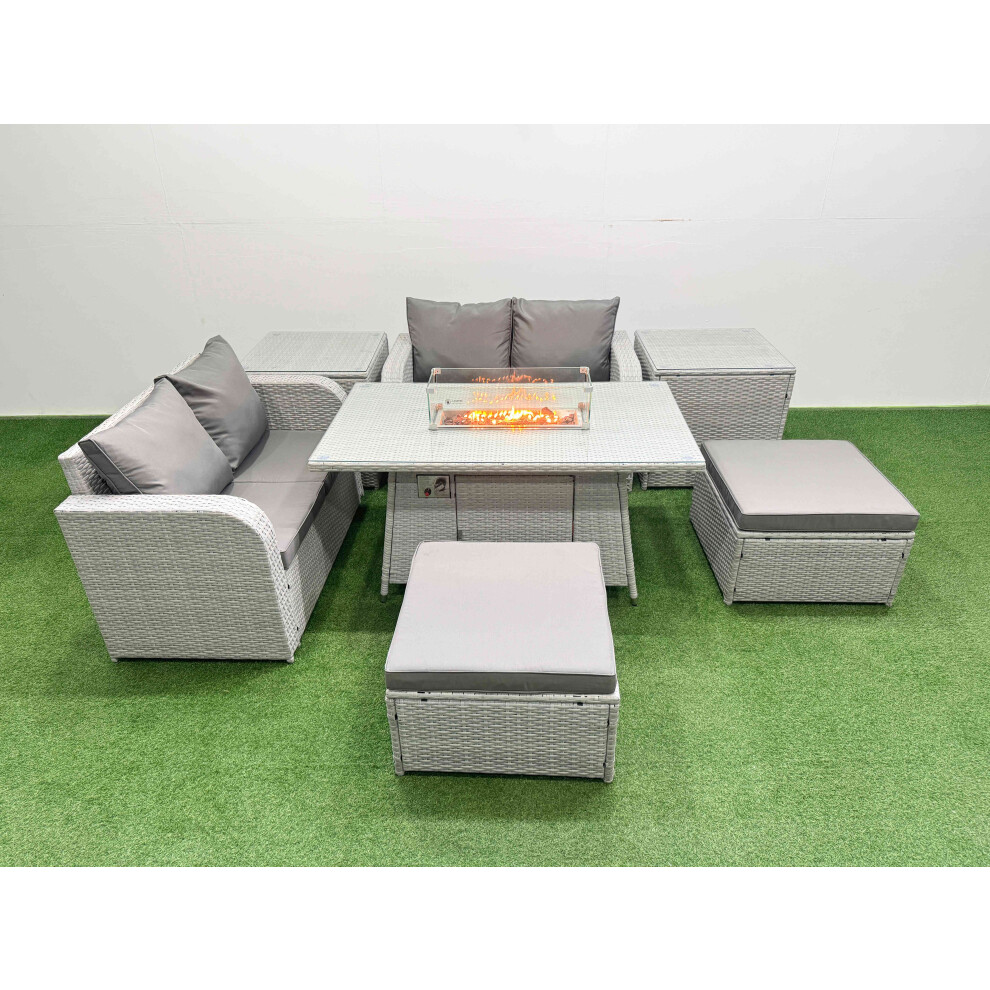 Fimous 6 Seater Outdoor Love Sofa Set Rattan Garden Furniture Set with Firepit Dining Table 2 Footstool 2 Side Tables Light Grey