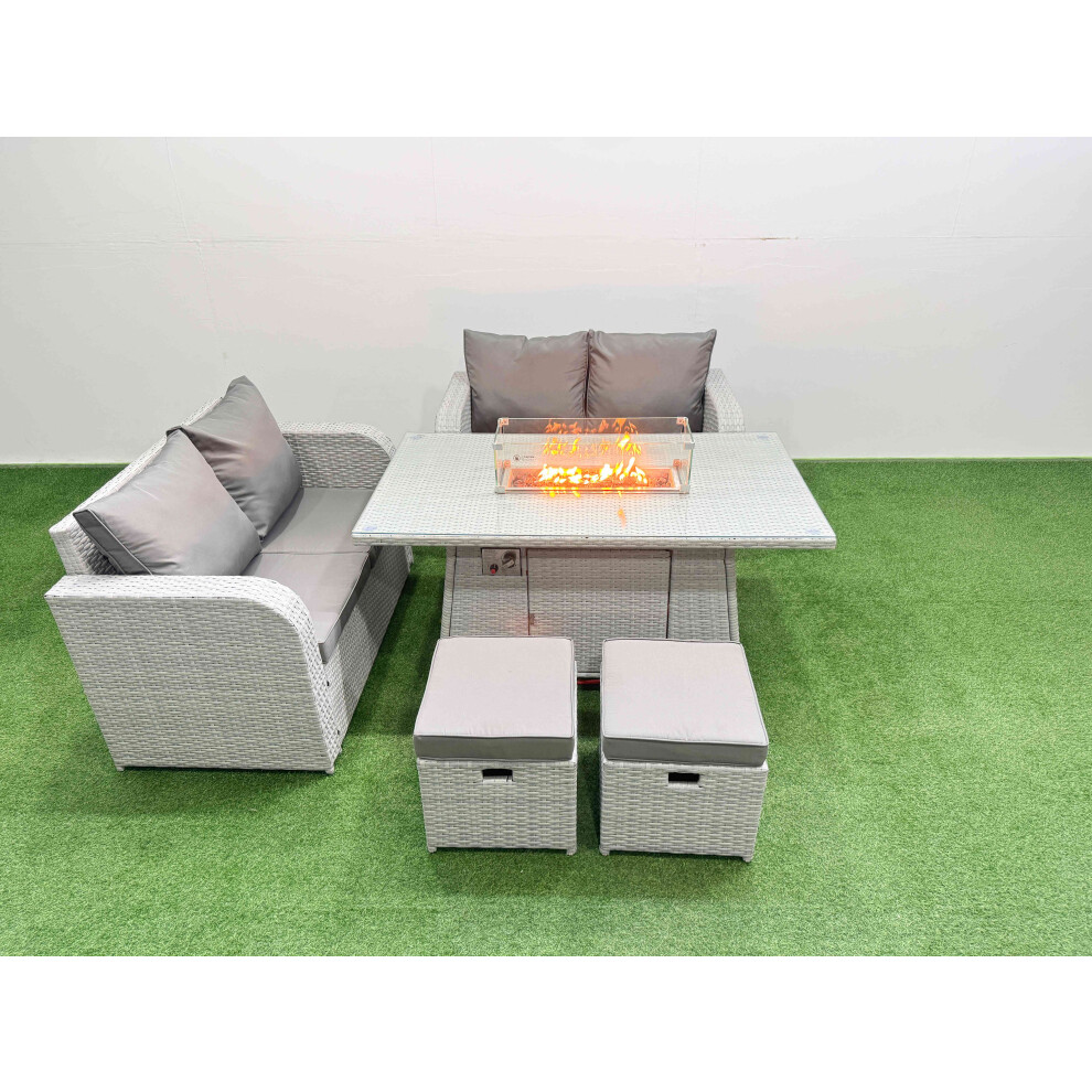 Fimous 6 Seater Outdoor Love Sofa Set Rattan Garden Furniture Set with Firepit Dining Table 2 Small Stools Light Grey