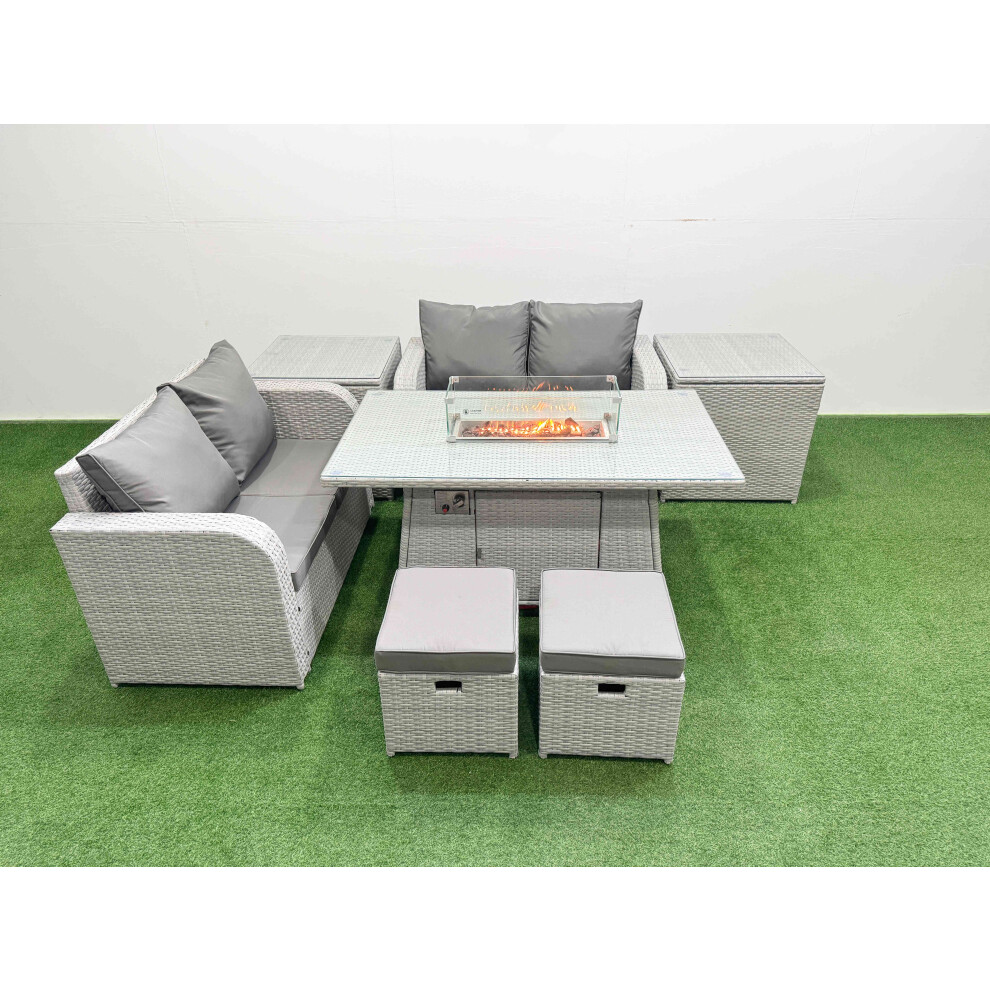 Rackhams Light/Grey 6 Seater Outdoor Love Sofa Set Rattan Garden Furniture Set With Fire Pit Dining Table 2 Small Stools 2 Side Tables - Image 2