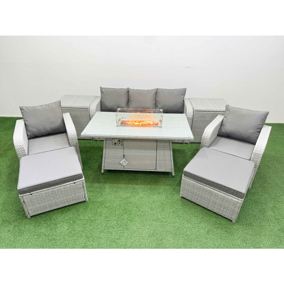 Fimous PE Rattan Garden Furniture Set Reclining Chair Sofa Lounge Sofa Set Firepit Dining Table 2 Side Table 2 Big Footstool Light Grey