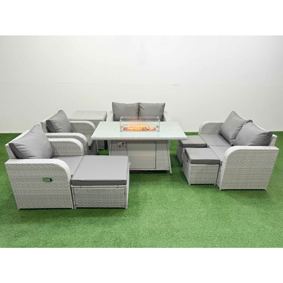 Fimous 9 Seater Outdoor Reclining Chair Love Sofa Set Rattan Garden Furniture Set with Firepit Dining Table 3 Stools Side Table Light Grey