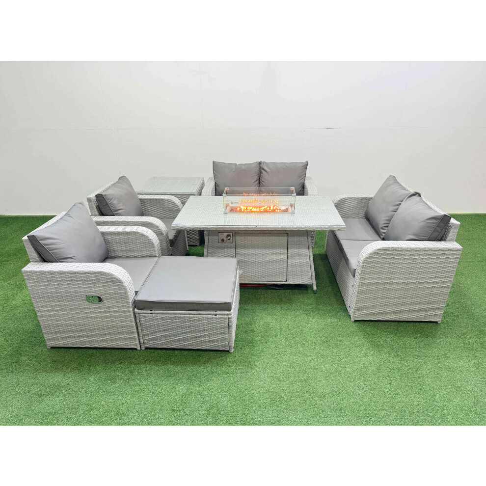 Fimous 7 Seater Outdoor Reclining Chair Love Sofa Set Rattan Garden Furniture Set with Firepit Dining Table Footstool Side Table