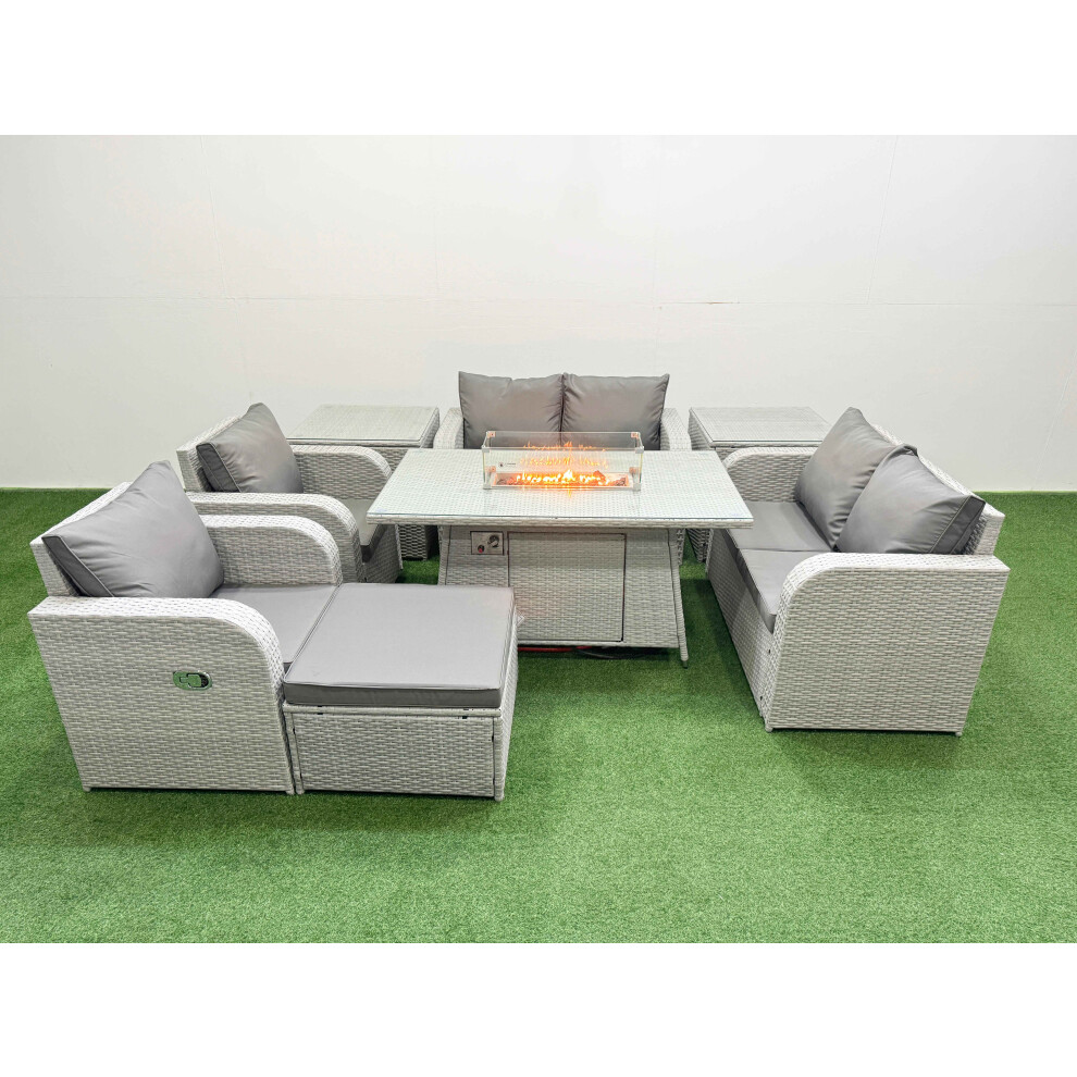 Rackhams Light/Grey 7 Seater Outdoor Reclining Chair Love Sofa Set Rattan Garden Furniture Set With Fire Pit Dining Table Footstool 2 Side Tables - Image 2