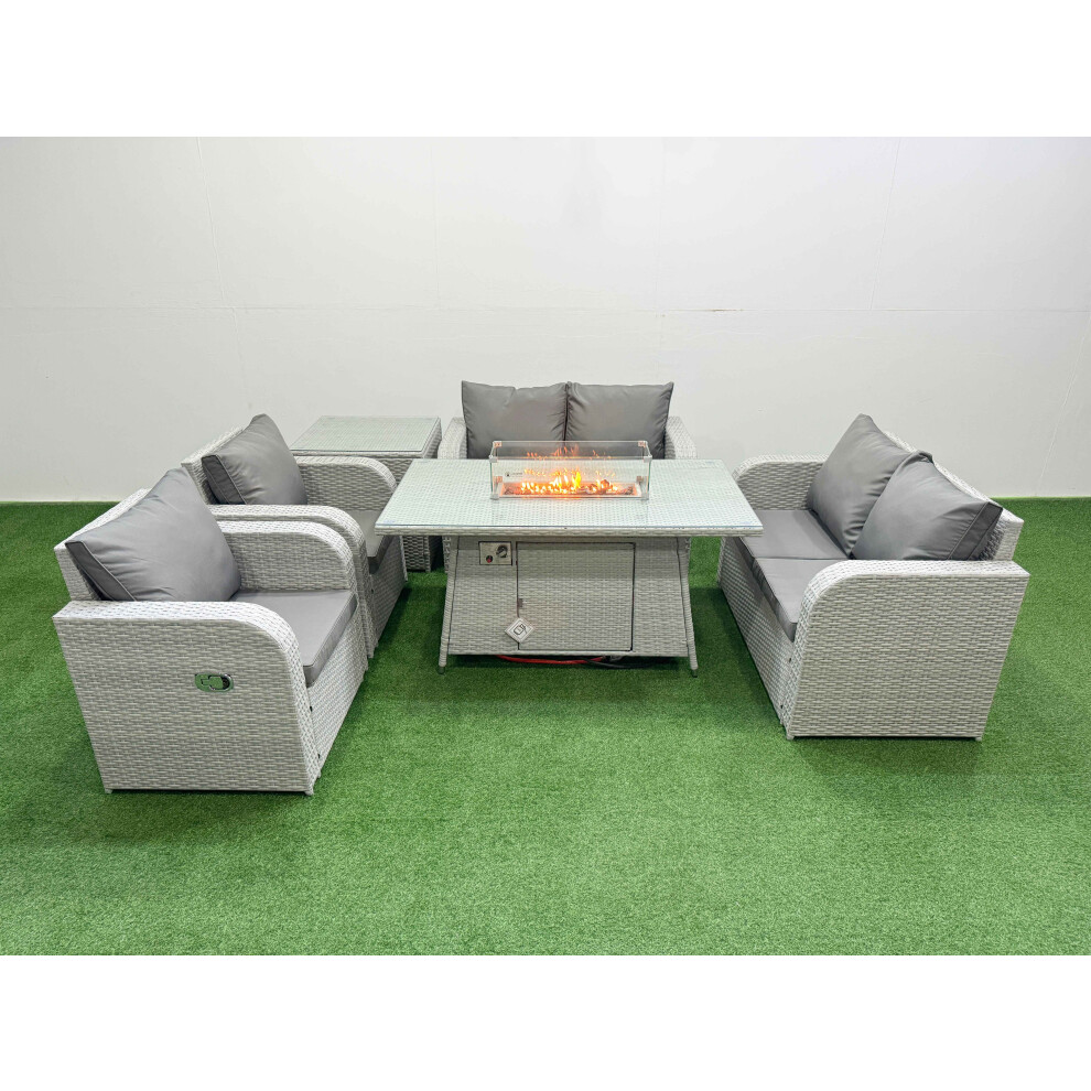 Fimous 6 Seater Outdoor Reclining Chair Love Sofa Set Rattan Garden Furniture Set with Firepit Dining Table Side Table Light Grey