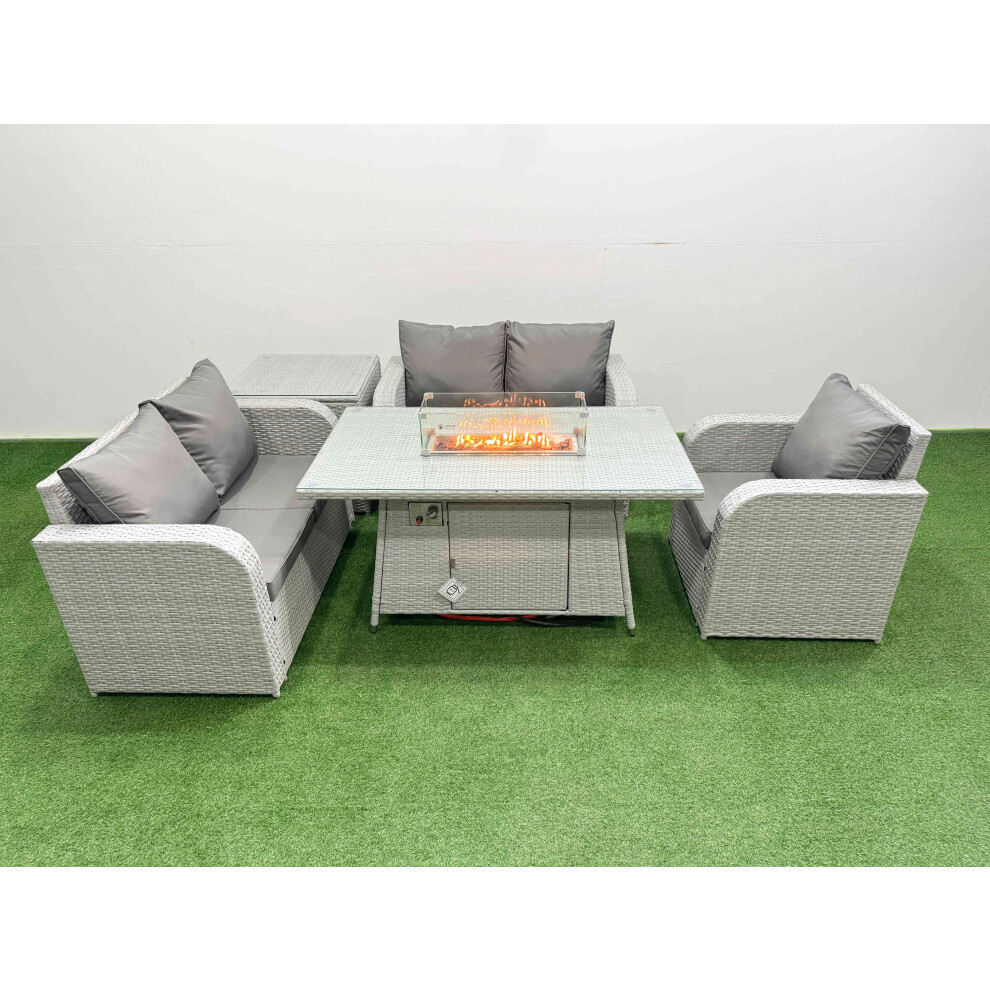 Fimous High Back Poly Rattan Garden Furniture Set With Reclining Chair Loveseat Sofa Firepit Dining Tableset Side Table Light Grey