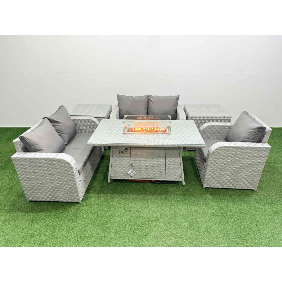 Fimous High Back Poly Rattan Garden Furniture Set with Reclining Chair Loveseat Sofa Firepit Dining TableSet 2 Side Table Light Grey