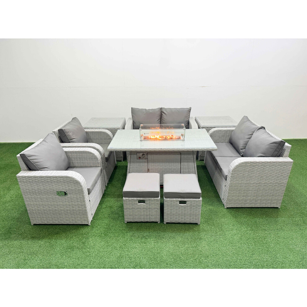 Fimous 8 Seater Outdoor Reclining Chair Love Sofa Set Rattan Garden Furniture Set with Firepit Dining Table 2 Stools 2 Side Table Light Grey