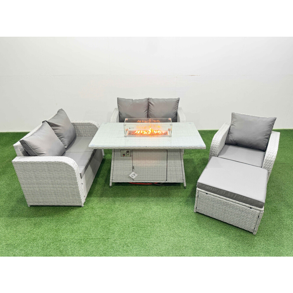 Fimous High Back Poly Rattan Garden Furniture Set with Reclining Chair Loveseat Sofa Firepit Dining TableSet Big Stool Light Grey