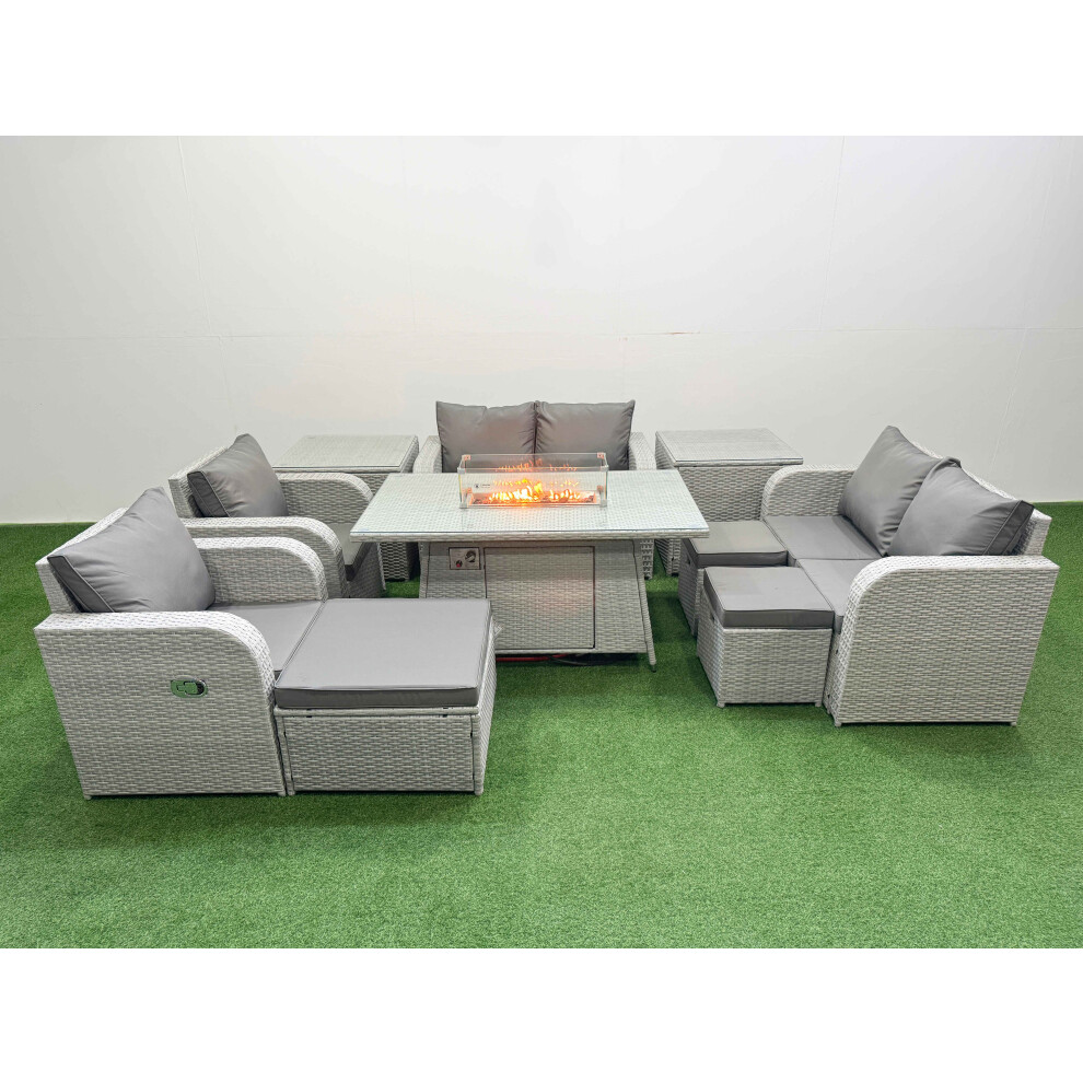 Fimous 9 Seater Outdoor Reclining Chair Love Sofa Set Rattan Garden Furniture Set with Firepit Dining Table 3 Stools 2 Side Table Light Grey