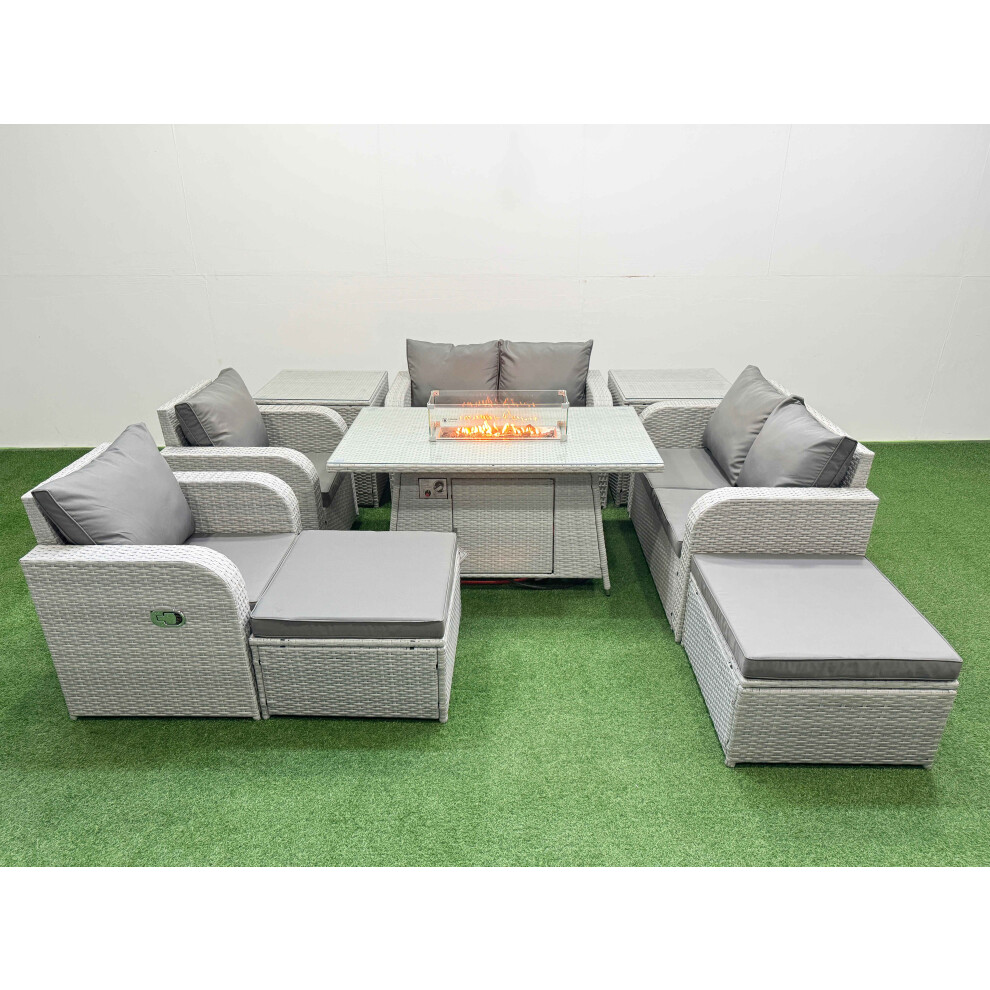 Fimous 8 Seater Outdoor Reclining Chair Love Sofa Set Rattan Garden Furniture Set with Firepit Dining Table 2 Big FootStools Side Table Light Grey