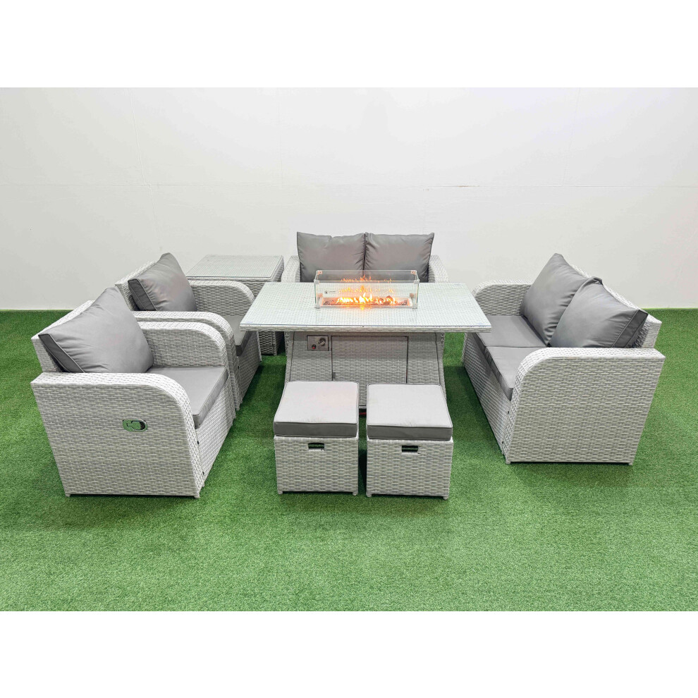 Fimous 8 Seater Outdoor Reclining Chair Love Sofa Set Rattan Garden Furniture Set with Firepit Dining Table 2 Stools Side Table Light Grey