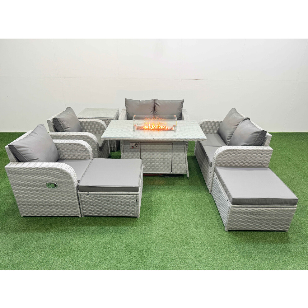 Fimous 8 Seater Outdoor Reclining Chair Love Sofa Set Rattan Garden Furniture Set with Firepit Dining Table 2 Big FootStools Light Grey