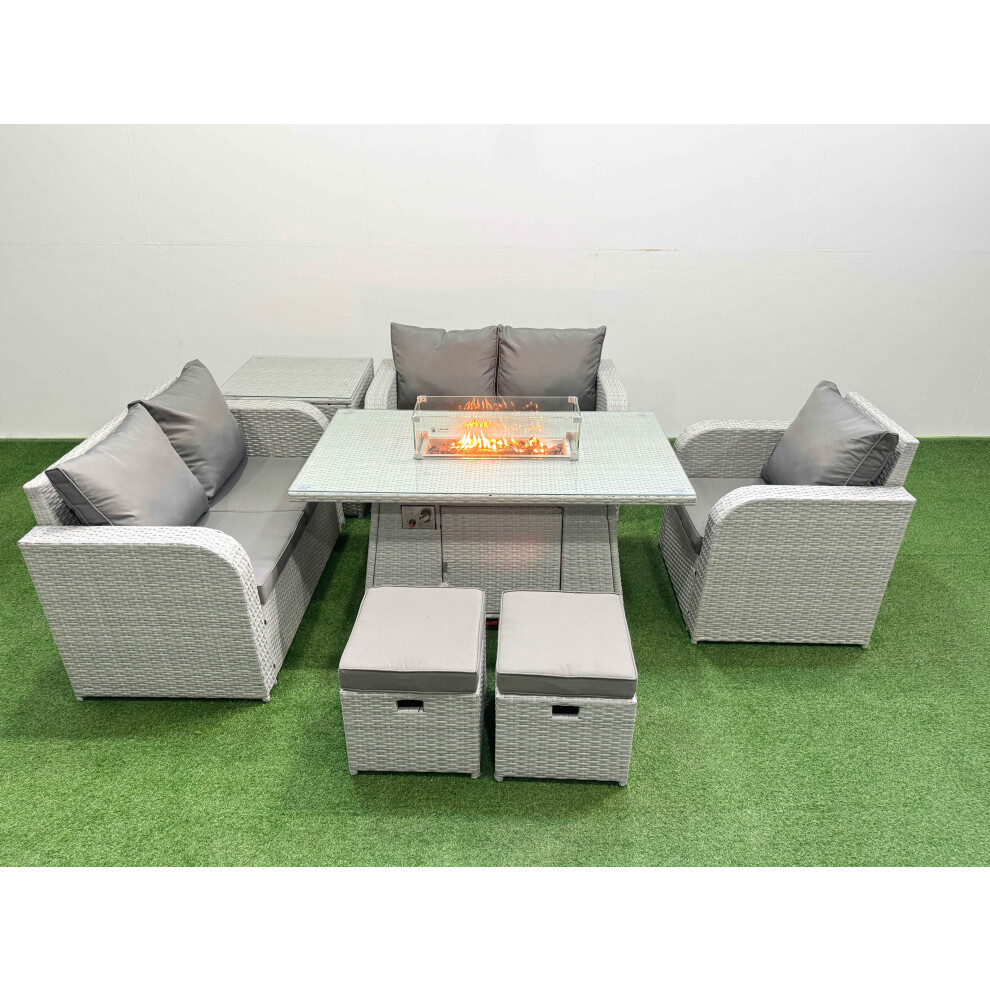 Fimous High Back Poly Rattan Garden Furniture Set with Reclining Chair Loveseat Sofa Firepit Dining TableSet 2 Stool Side Table Light Grey