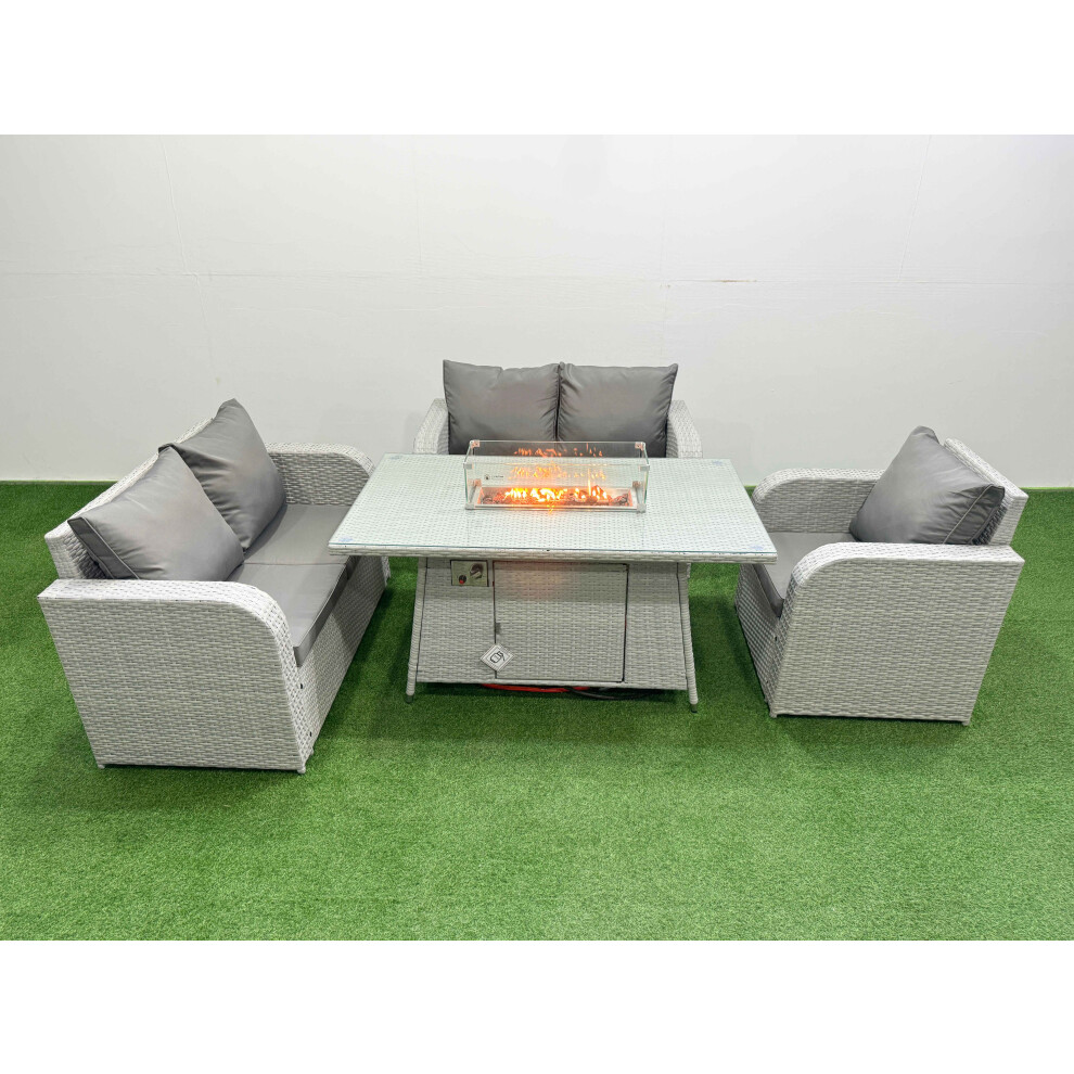 Fimous High Back Poly Rattan Garden Furniture Set with Reclining Chair Loveseat Sofa Firepit Dining TableSet Light Grey