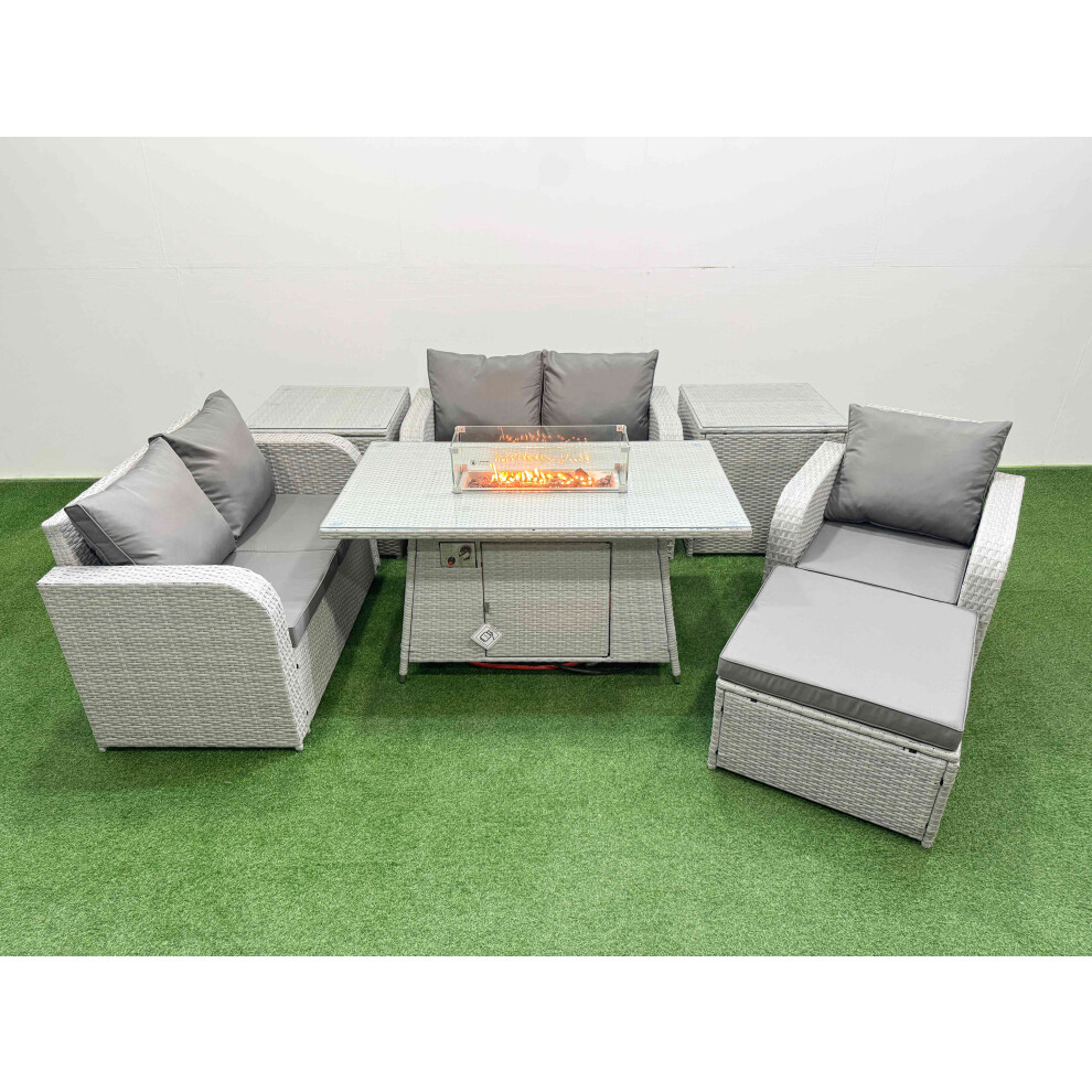 Fimous High Back Poly Rattan Garden Furniture Set with Reclining Chair Loveseat Sofa Firepit Dining TableSet Big Stool 2 Side Table Light Grey