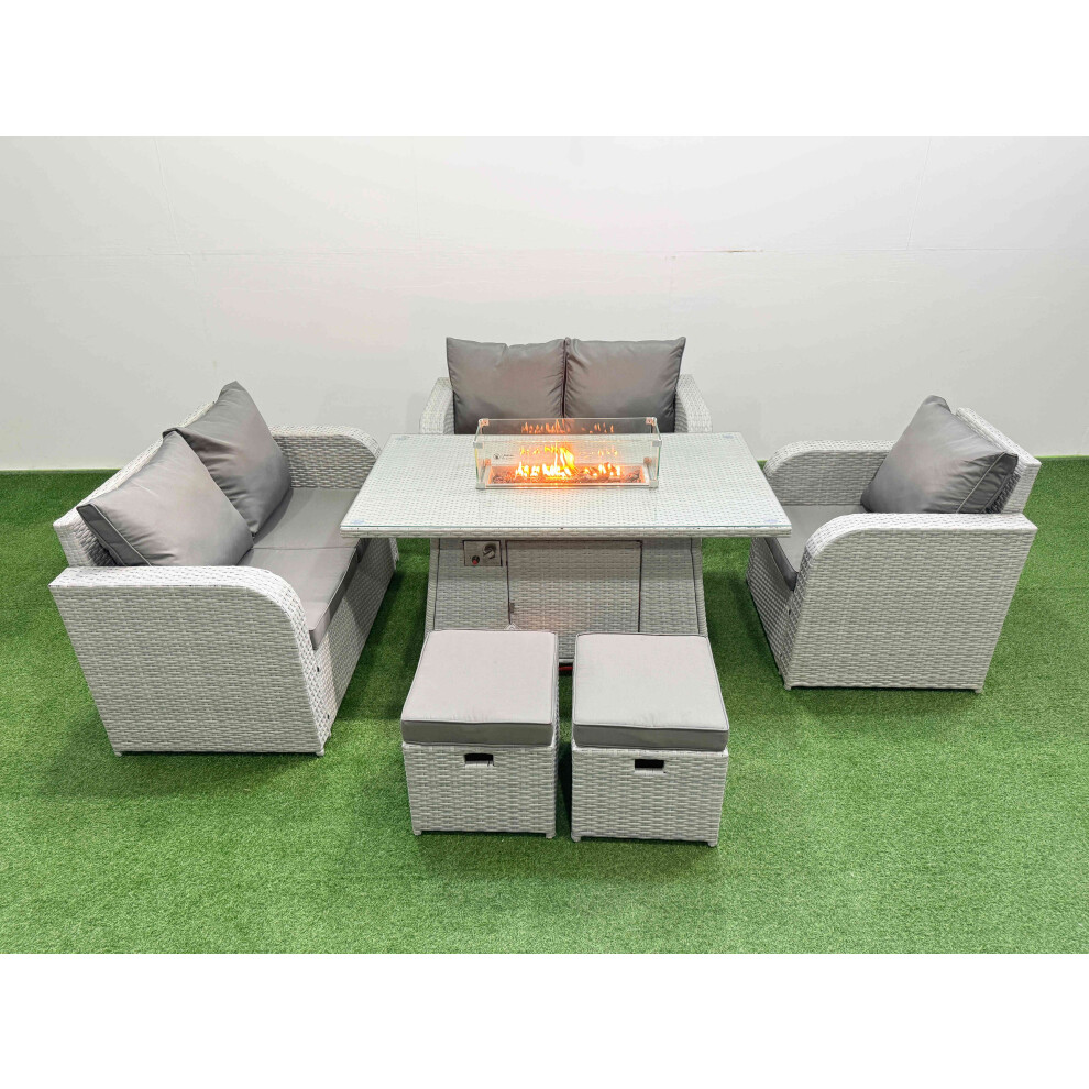 Fimous High Back Poly Rattan Garden Furniture Set with Reclining Chair Loveseat Sofa Firepit Dining TableSet 2 Stool Light Grey