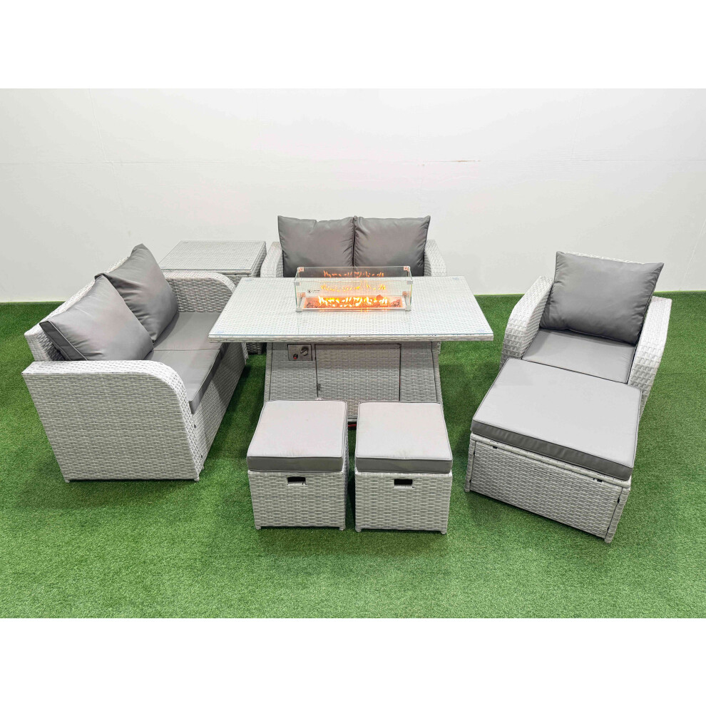 Fimous High Back Poly Rattan Garden Furniture Set with Reclining Chair Loveseat Sofa Firepit Dining TableSet 3 Stools Side Table Light Grey