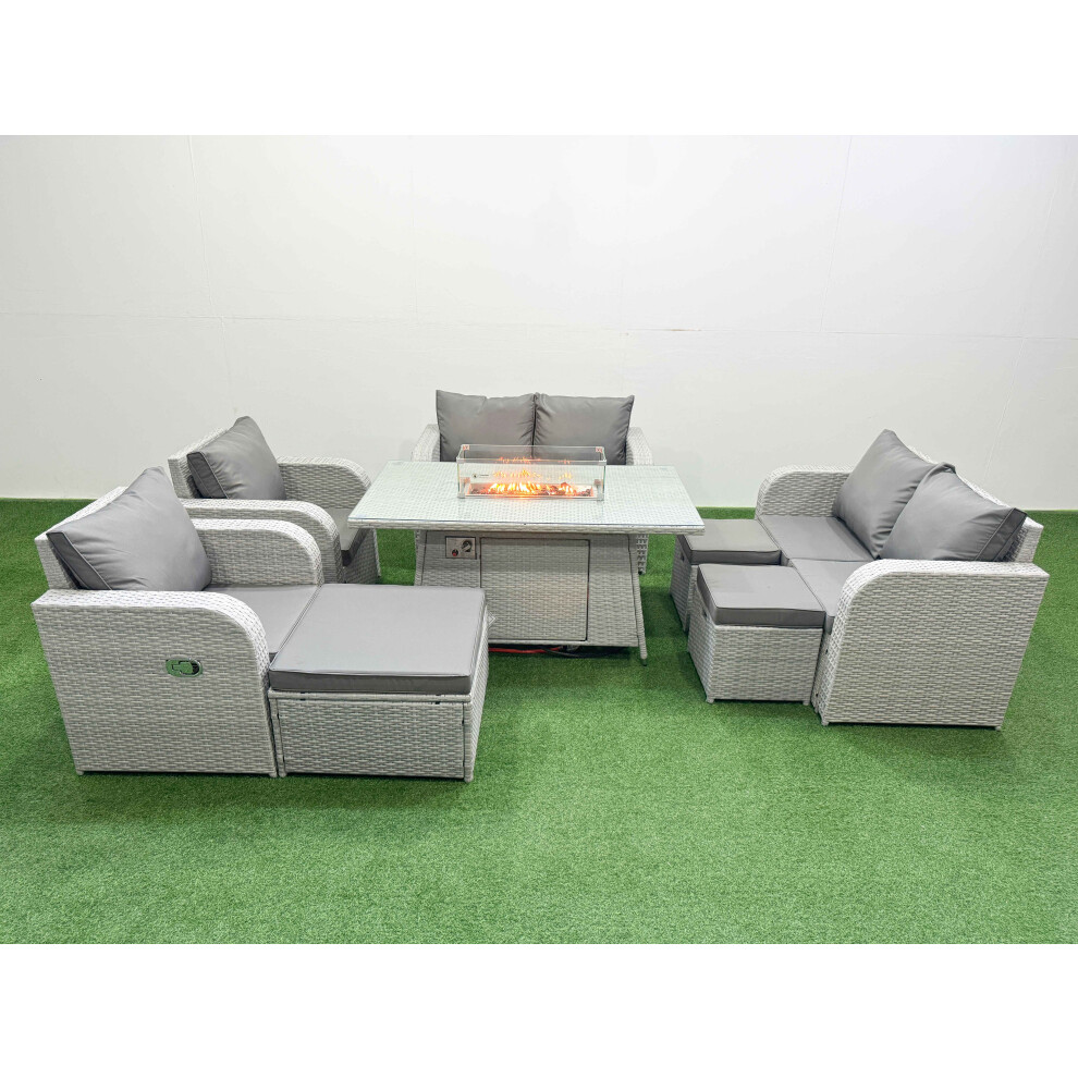 Fimous 9 Seater Outdoor Reclining Chair Love Sofa Set Rattan Garden Furniture Set with Firepit Dining Table 3 Stools Light Grey