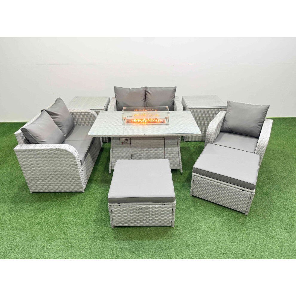 Fimous High Back Poly Rattan Garden Furniture Set with Reclining Chair Loveseat Sofa Firepit Dining TableSet 2 Big Stool 2 Side Table Light Grey