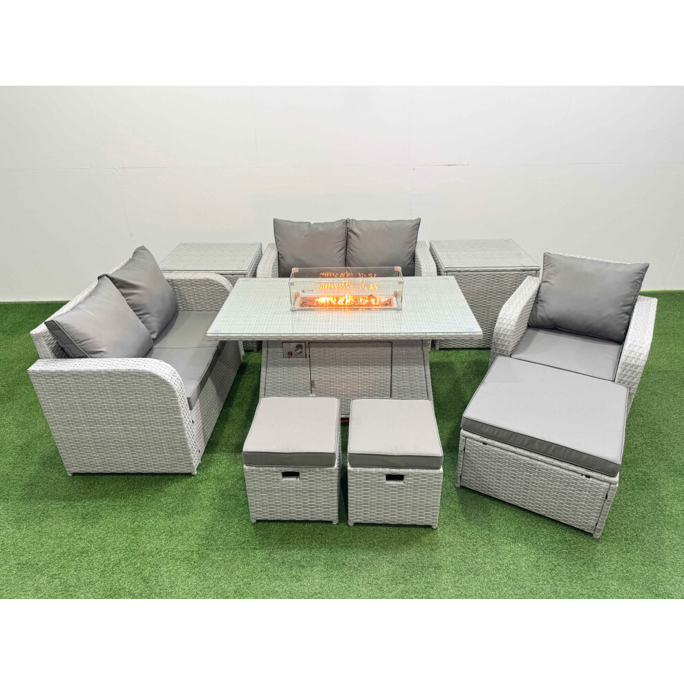 Fimous High Back Poly Rattan Garden Furniture Set With Reclining Chair Loveseat Sofa Firepit Dining Tableset 3 Stools 2 Side Table Light Grey