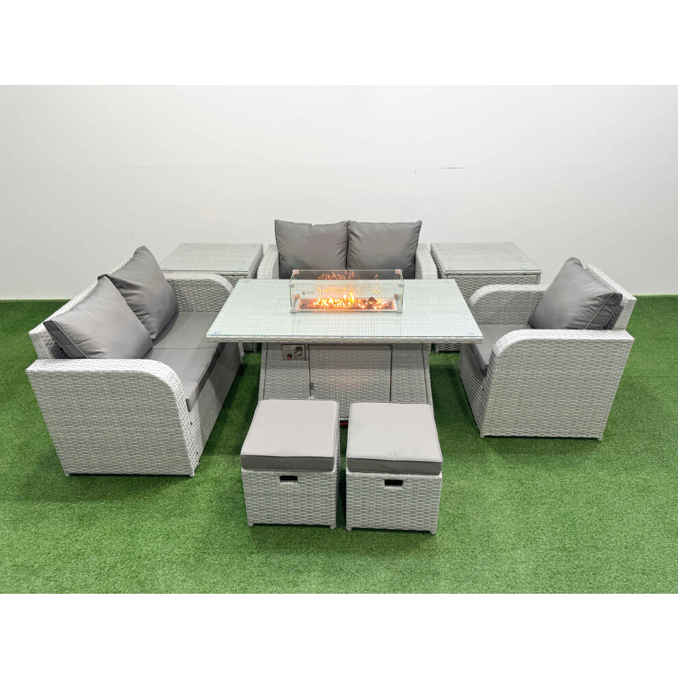 Fimous High Back Poly Rattan Garden Furniture Set with Reclining Chair Loveseat Sofa Firepit Dining TableSet 2 Stool 2 Side Table Light Grey