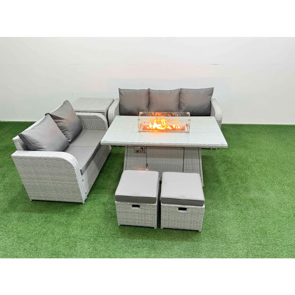 Fimous 7 Seater PE Rattan Wicker Garden Furniture Patio Conservatory Sofa Set with Firepit Dining Table Love Sofa 2 Stools Side Table