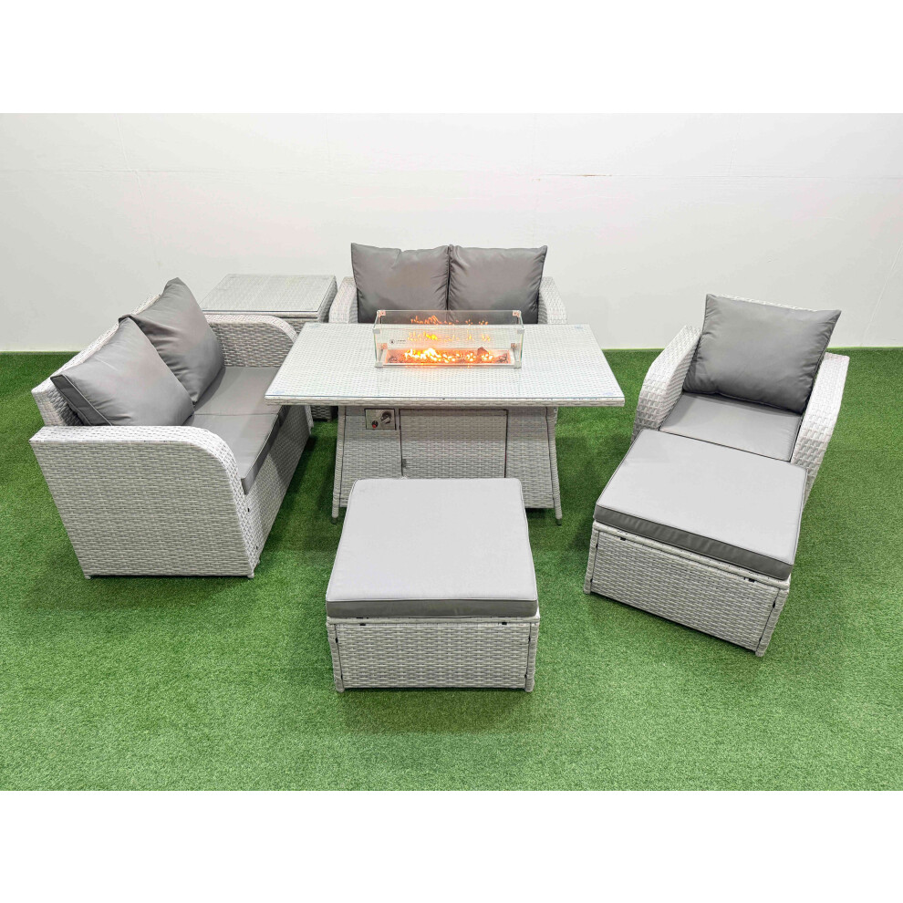 Fimous High Back Poly Rattan Garden Furniture Set with Reclining Chair Loveseat Sofa Firepit Dining TableSet 2 Big Stool Side Table Light Grey