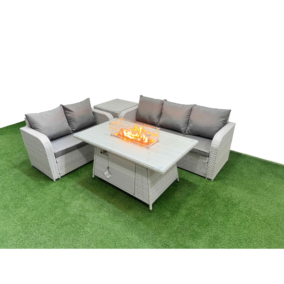 Fimous 5 Seater PE Rattan Wicker Garden Furniture Patio Conservatory Sofa Set with Firepit Dining Table 3 Seater Sofa Love Sofa Side Table