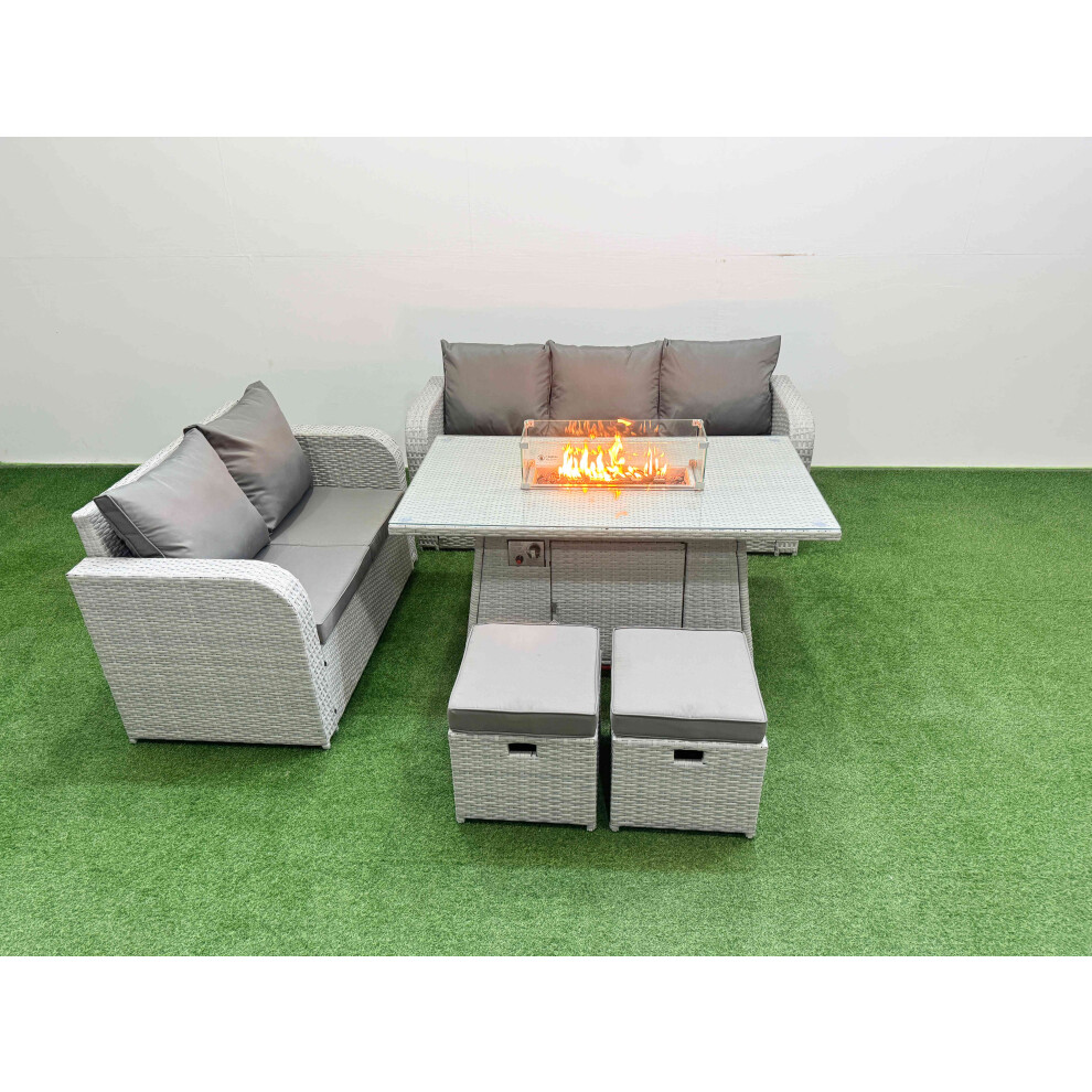 Fimous 7 Seater PE Rattan Wicker Garden Furniture Patio Conservatory Sofa Set with Firepit Dining Table Love Sofa 2 Stools