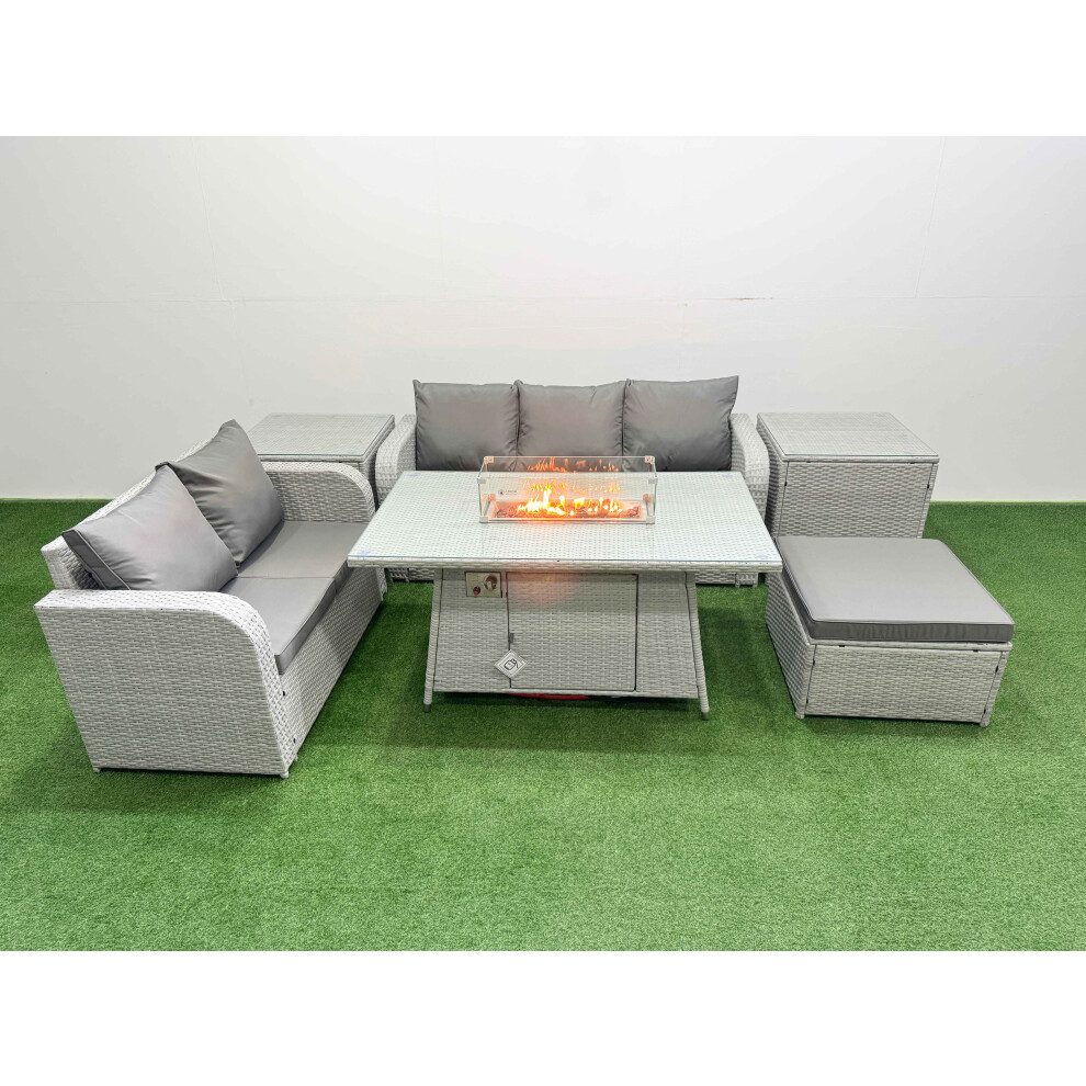 Fimous 6 Seater PE Rattan Wicker Garden Furniture Patio Conservatory Sofa Set with Firepit Dining Table Love Sofa Big Footstool 2 Side Table