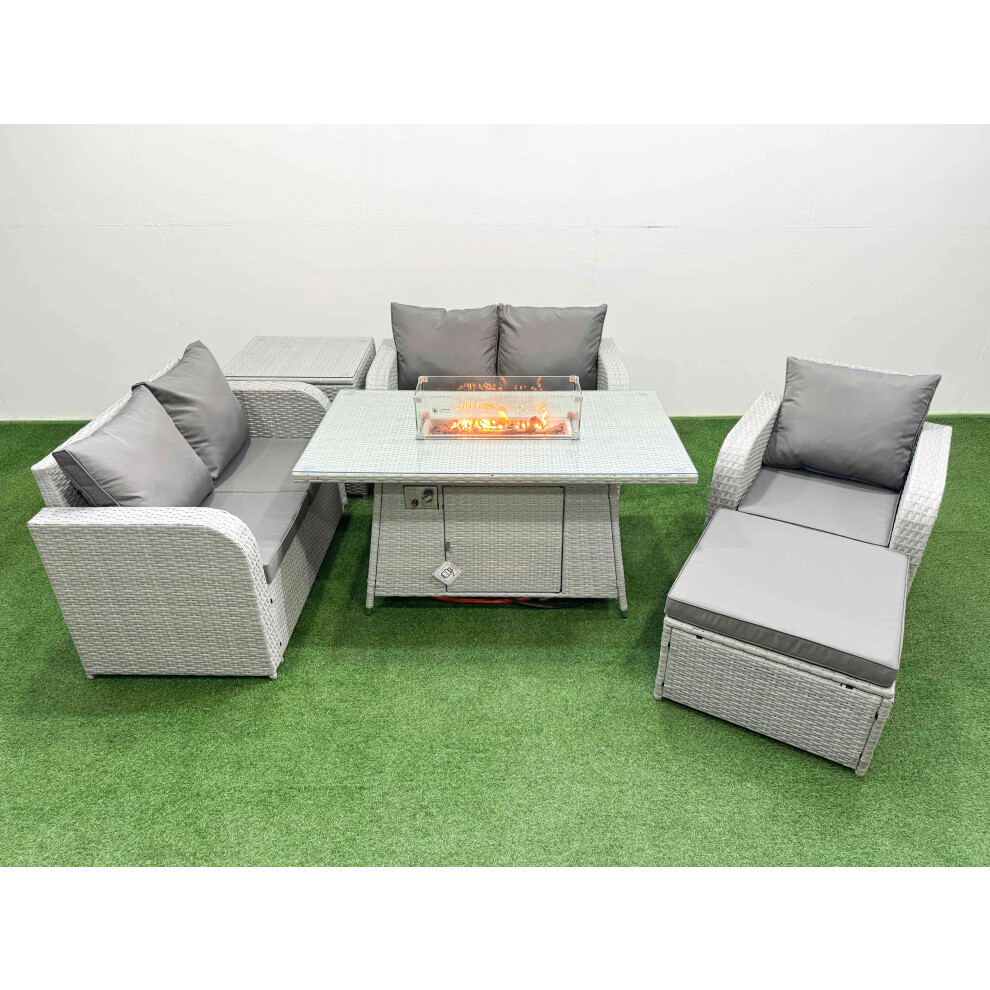 Fimous High Back Poly Rattan Garden Furniture Set with Reclining Chair Loveseat Sofa Firepit Dining TableSet Big Stool Side Table Light Grey