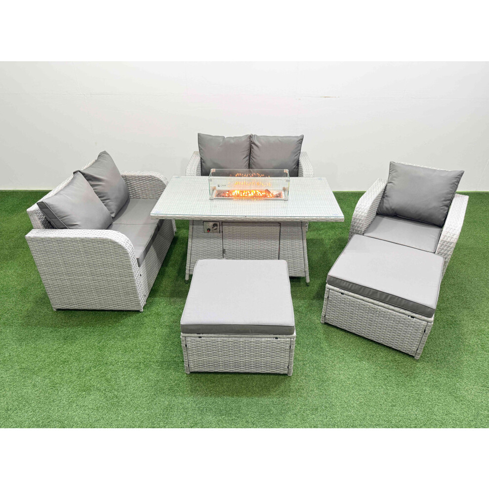 Fimous High Back Poly Rattan Garden Furniture Set with Reclining Chair Loveseat Sofa Firepit Dining TableSet 2 Big Stool Light Grey