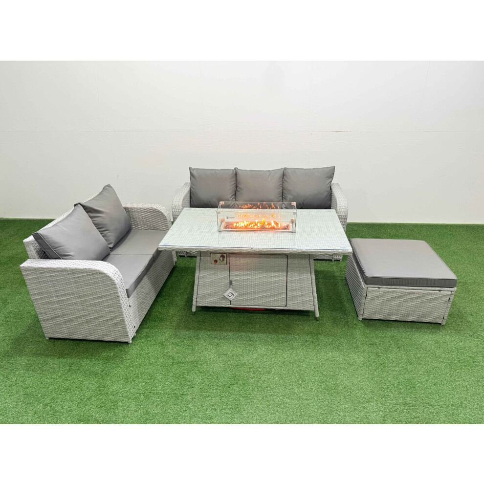 Fimous 6 Seater PE Rattan Wicker Garden Furniture Patio Conservatory Sofa Set with Firepit Dining Table Love Sofa Big Footstool