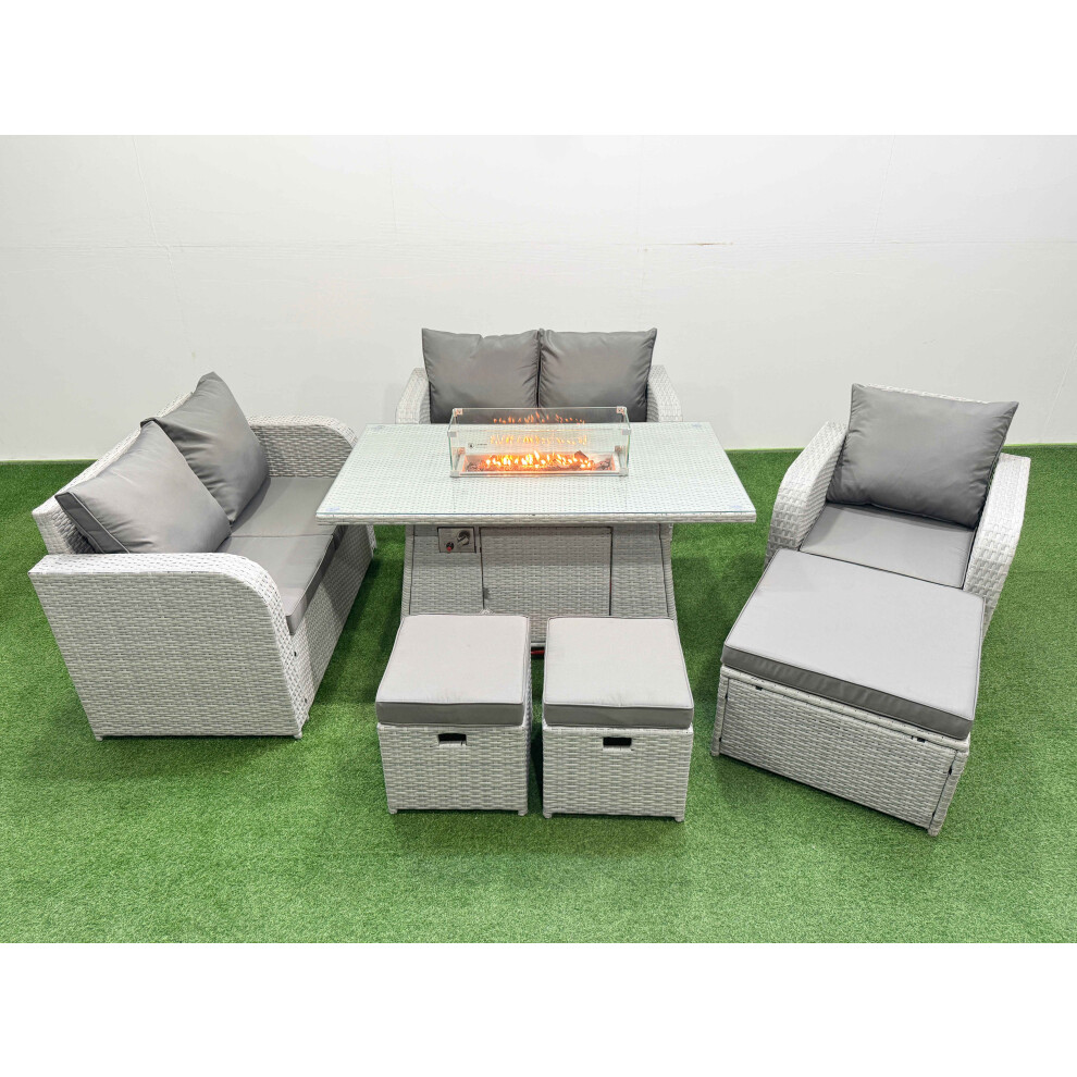 Fimous High Back Poly Rattan Garden Furniture Set with Reclining Chair Loveseat Sofa Firepit Dining TableSet 3 Stools Light Grey