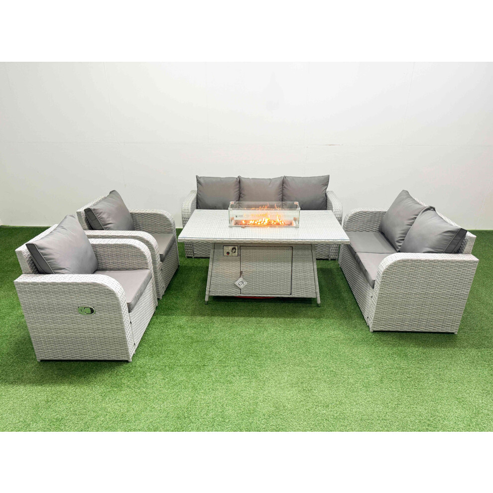 Fimous PE Rattan Garden Furniture Set Reclining Chair Sofa Double Love Seat 2 Seater Sofa Lounge Set Firepit Dining Table Light Grey