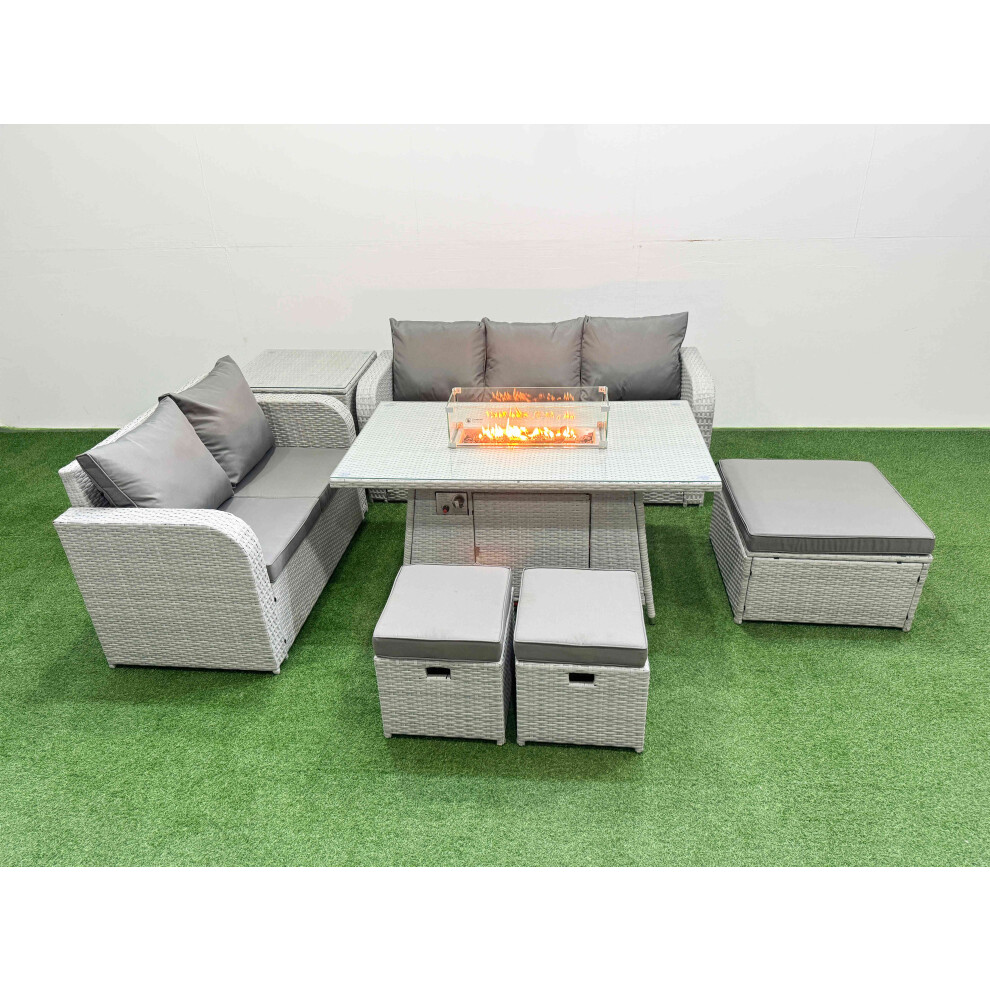 Fimous 8 Seater PE Rattan Wicker Garden Furniture Patio Conservatory Sofa Set with Firepit Dining Table Love Sofa 3 Stool Side Table