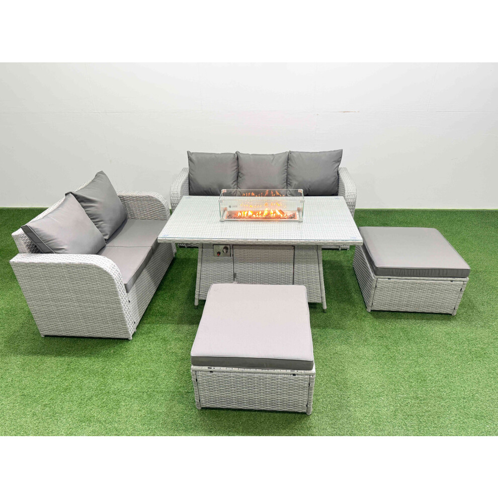 Fimous 7 Seater PE Rattan Wicker Garden Furniture Patio Conservatory Sofa Set with Firepit Dining Table Love Sofa 2 Big Footstool