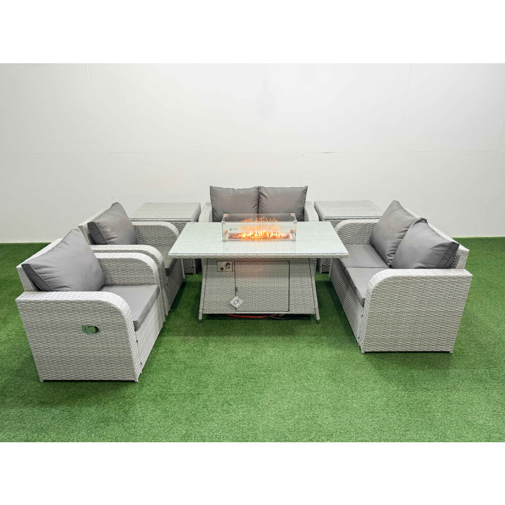 Fimous 6 Seater Outdoor Reclining Chair Love Sofa Set Rattan Garden Furniture Set with Firepit Dining Table 2 Side Tables Light Grey