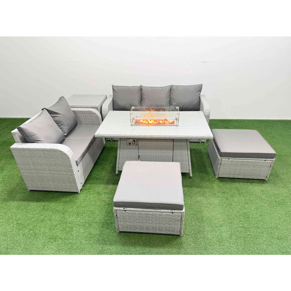 Fimous 7 Seater PE Rattan Wicker Garden Furniture Patio Conservatory Sofa Set With Firepit Dining Table Love Sofa 2 Big Footstool Side Table