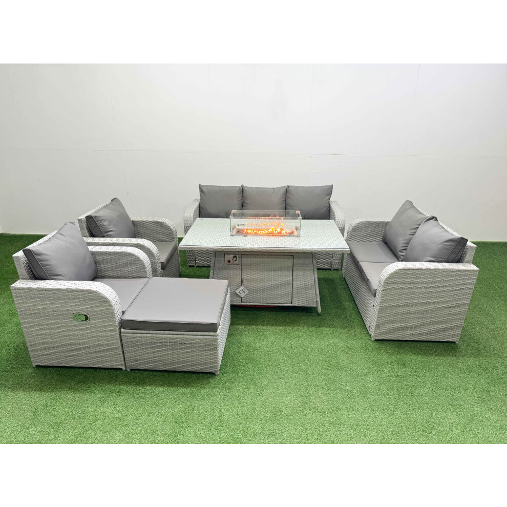 Fimous Pe Rattan Garden Furniture Set Reclining Chair Sofa Double Love Seat 2 Seater Sofa Lounge Set Firepit Dining Table Big Footstool Grey