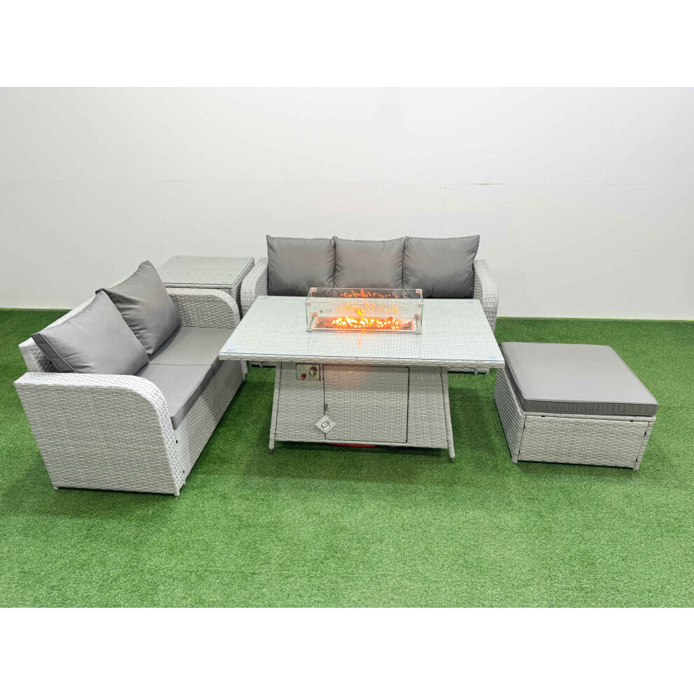 Fimous 6 Seater PE Rattan Wicker Garden Furniture Patio Conservatory Sofa Set with Firepit Dining Table Love Sofa Big Footstool Side Table