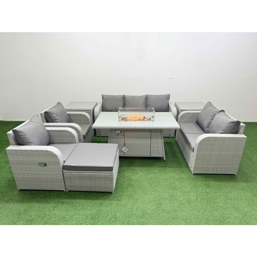 Fimous PE Rattan Garden Furniture Set  Sofa Double Love Seat 2 Seater Sofa Lounge Set Firepit Dining Table Big Footstool 2 Side Table