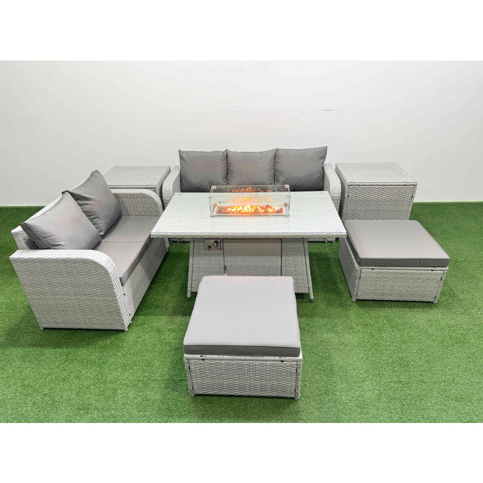 Fimous 7 Seater PE Rattan Wicker Garden Furniture Patio Conservatory Sofa Set with Firepit Dining Table Love Sofa 2 Big Footstool 2 Side Table