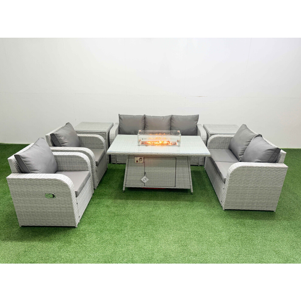 Fimous PE Rattan Garden Furniture Set Reclining Chair Sofa Double Love Seat 2 Seater Sofa Lounge Set Firepit Dining Table 2 Side Table