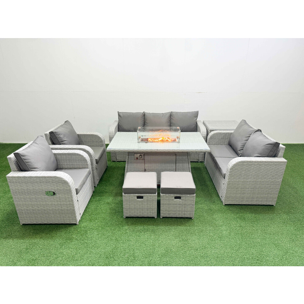 Fimous PE Rattan Garden Furniture Set  Sofa Double Love Seat 2 Seater Sofa Lounge Set Firepit Dining Table 2 Stools Side Table