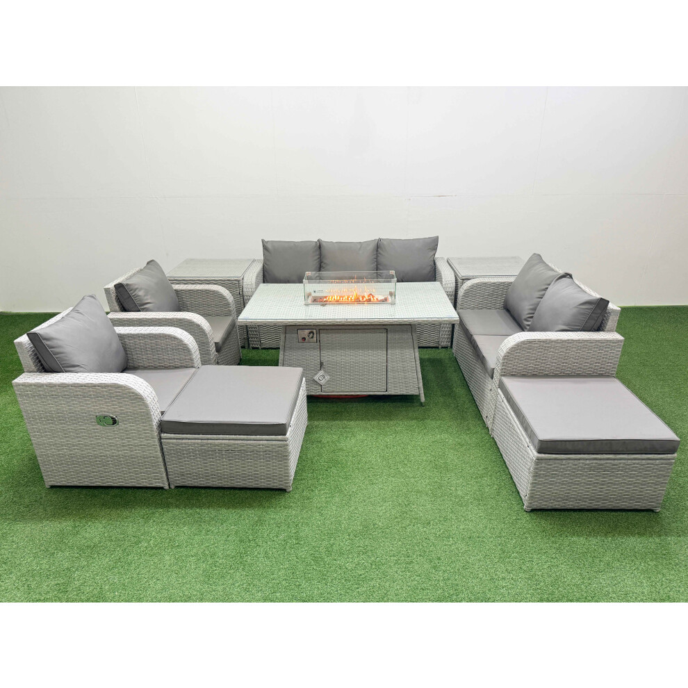 Fimous PE Rattan Garden Furniture Set  Sofa Double Love Seat 2 Seater Sofa Lounge Set Firepit Dining Table 2 Big Footstool 2 Side Table