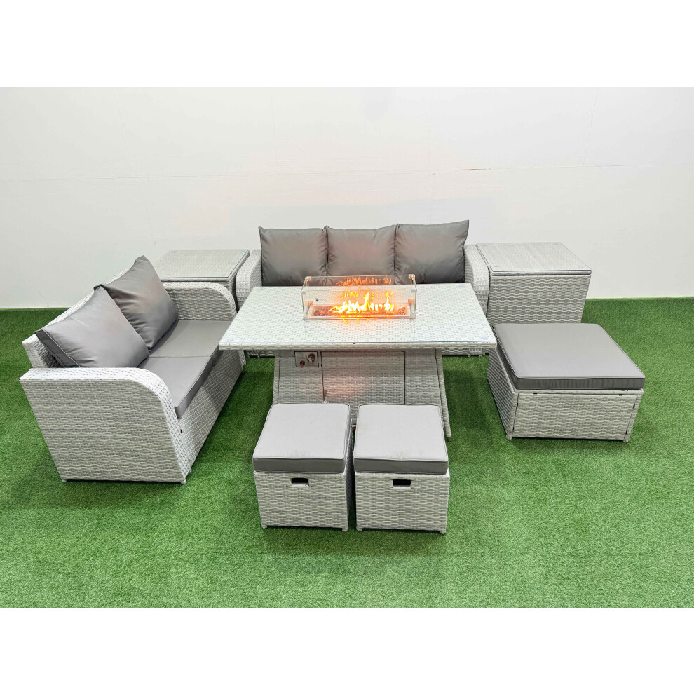 Fimous 8 Seater PE Rattan Wicker Garden Furniture Patio Conservatory Sofa Set with Firepit Dining Table Love Sofa 3 Stool 2 Side Table